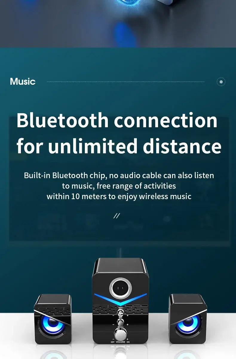 Système d’enceinte de jeu Bluetooth noir avec éclairage à DEL bleues, comprenant un caisson de basses central et deux enceintes satellites.