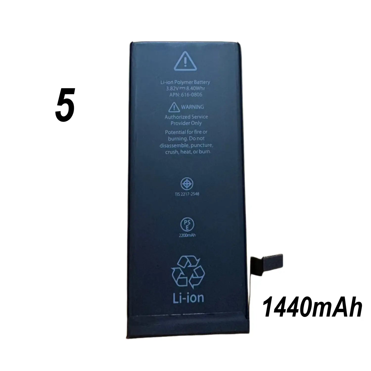 iPhone 4、4s、5、5c、5sモデルにおける長期間の交換用として、1440mAhの容量と小型の黒色コネクタを備えた濃紺色の長方形リチウムイオンポリマー（Li-Poly）電話バッテリー。