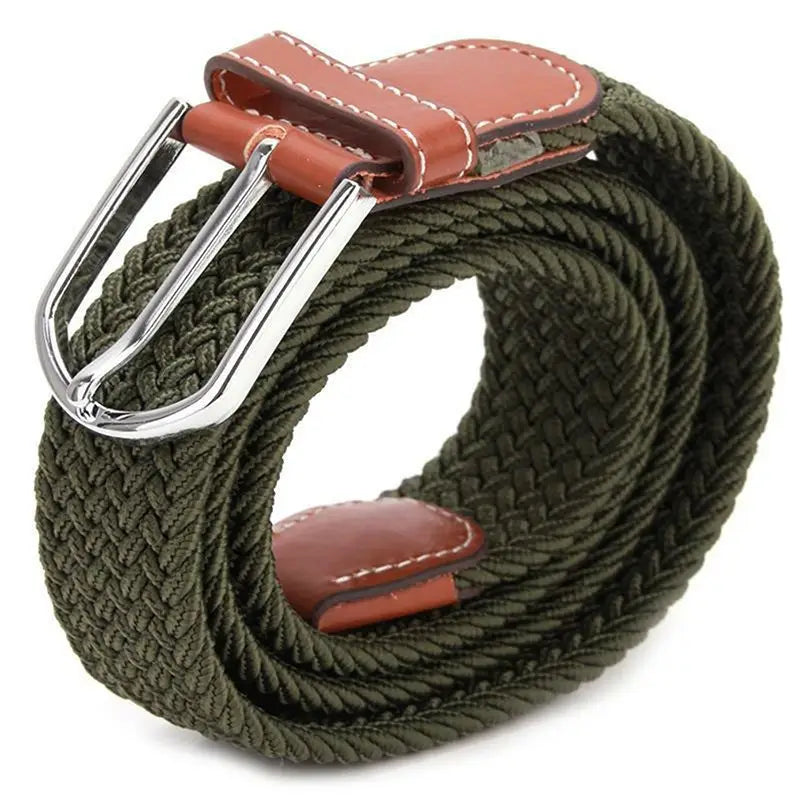 Olive green tactical canvas belt with silver toned buckle and brown leather accents designed for adjustable men outdoor waistband use.