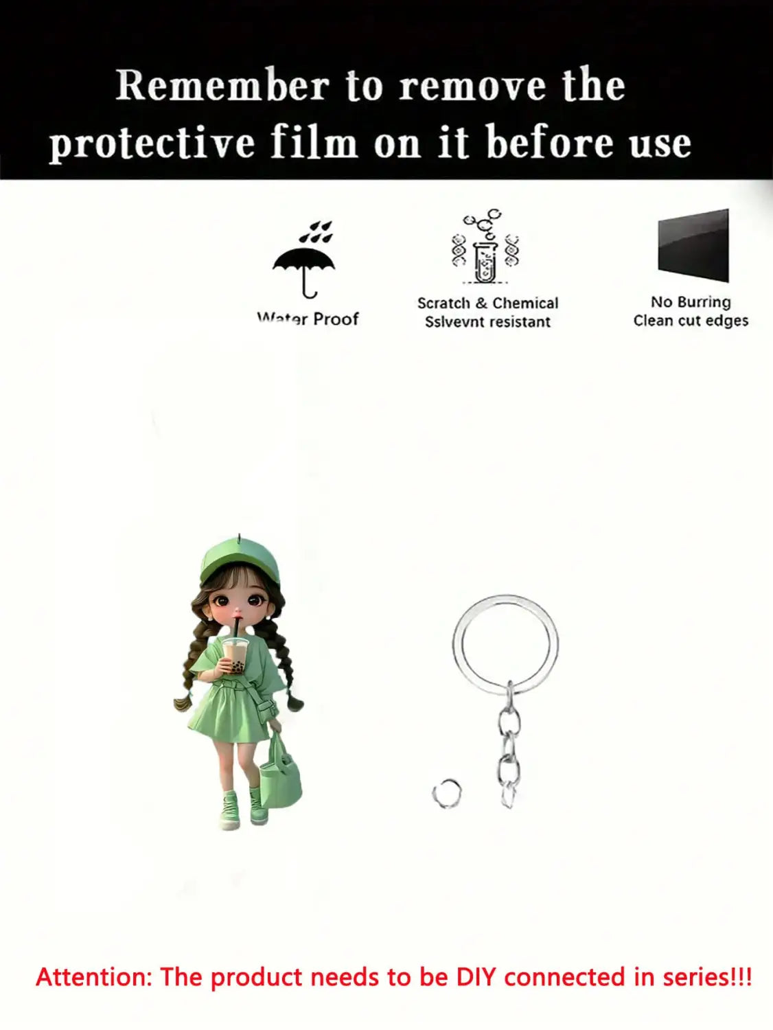 Silver metal key ring with short chain and separate circular links for a cute acrylic girl keychain cartoon pendant