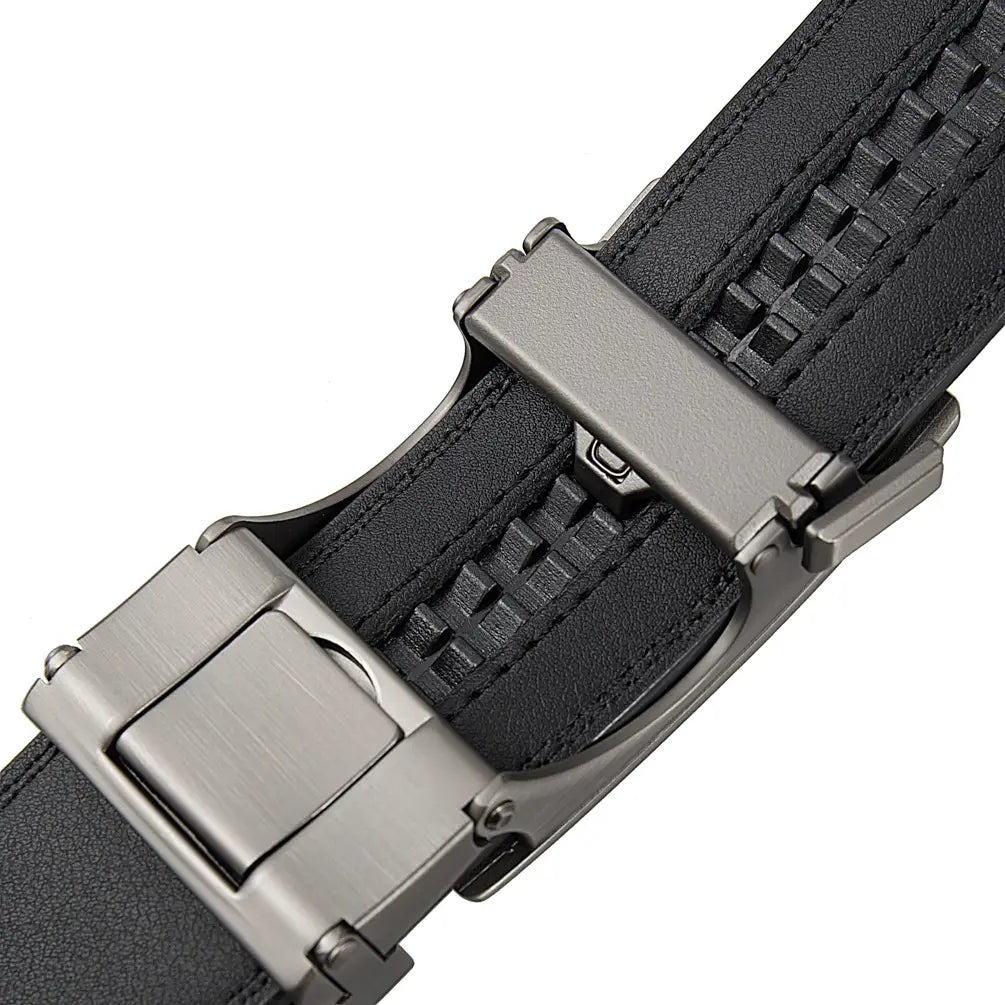 Black leather ratchet belt for men with an adjustable matte silver-toned automatic buckle featuring an intricate textured design.