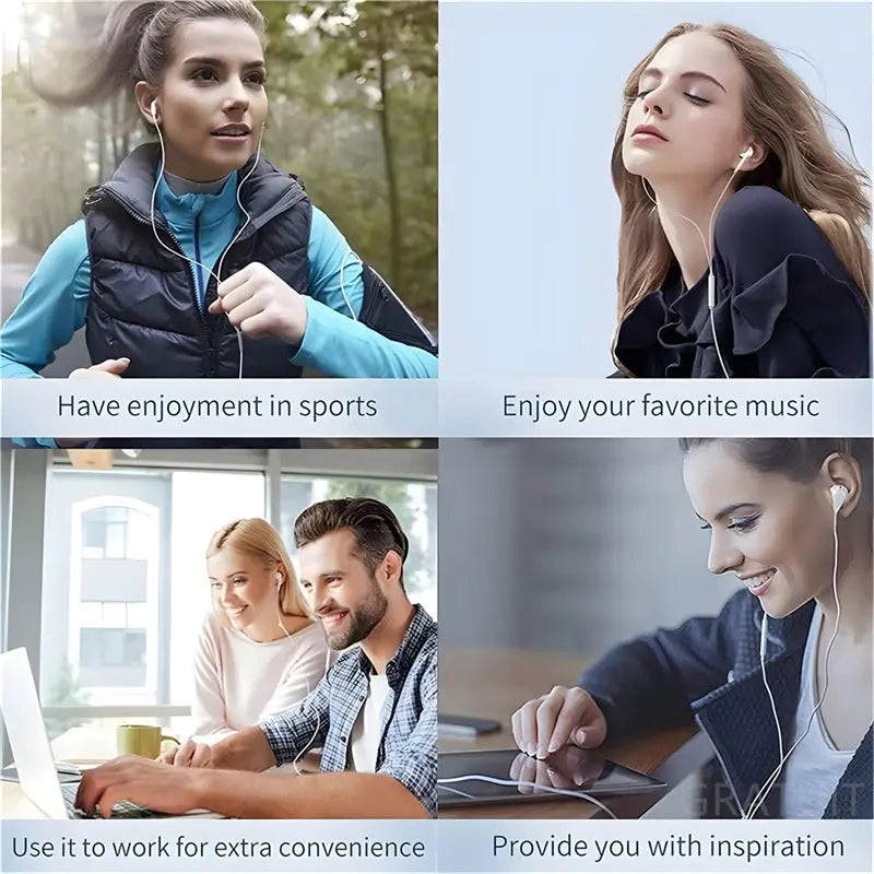 auriculares blancos con cable para inserción en el oído con micrófono, que presentan un diseño minimalista y elegante y un cableado resistente para un audio nítido y llamadas manos libres