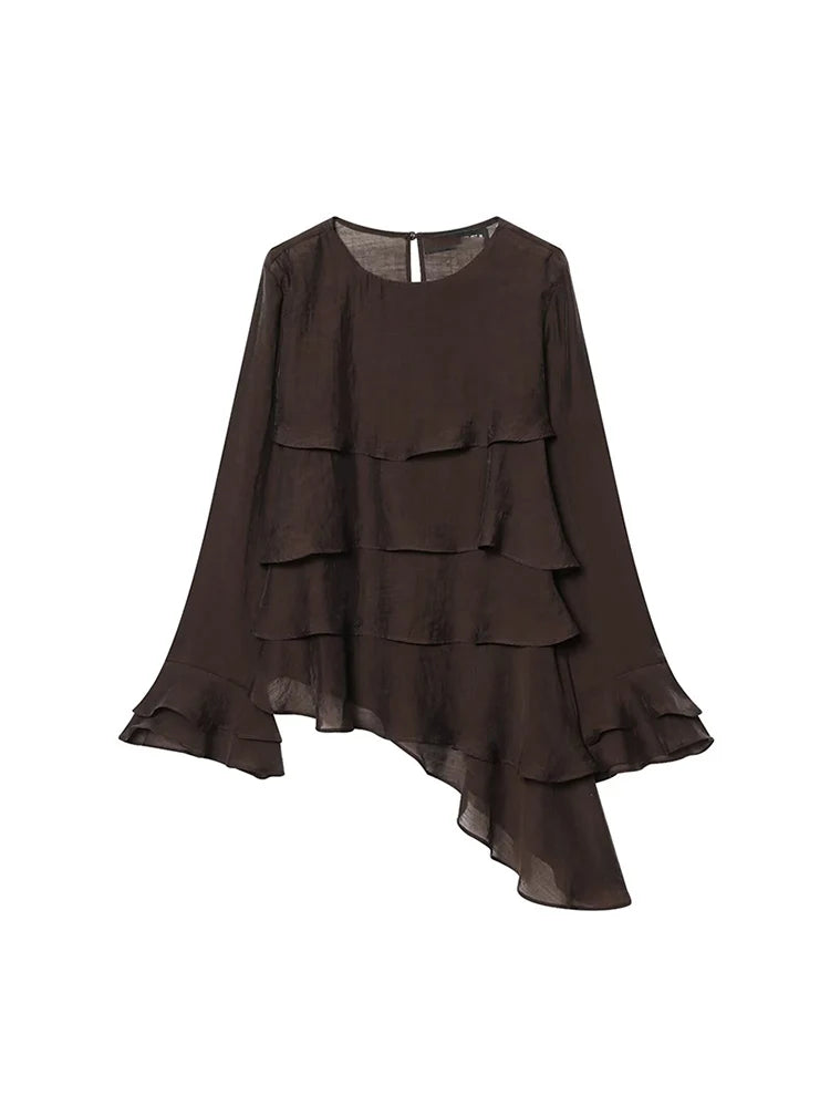 Women Casual Chic Blouse O-Neck Tierred Long Sleeve Loose Shirts Vintage Style Tops New Fashion Summer Elegant Lady Outfit
