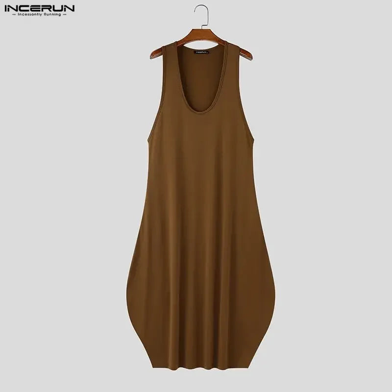 Men Long Style Tank Tops Solid Dresses O-neck Sleeveless Tops Men Clothes Loose Summer Fashion Men's Vests Streetwear INCERUN