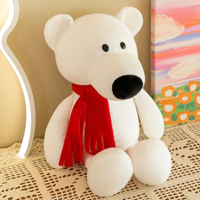 Oso polar blanco de peluche con ojos y nariz negros tipo botón, que lleva una bufanda de terciopelo roja, de la colección de muñecos suaves de animales de la jungla.