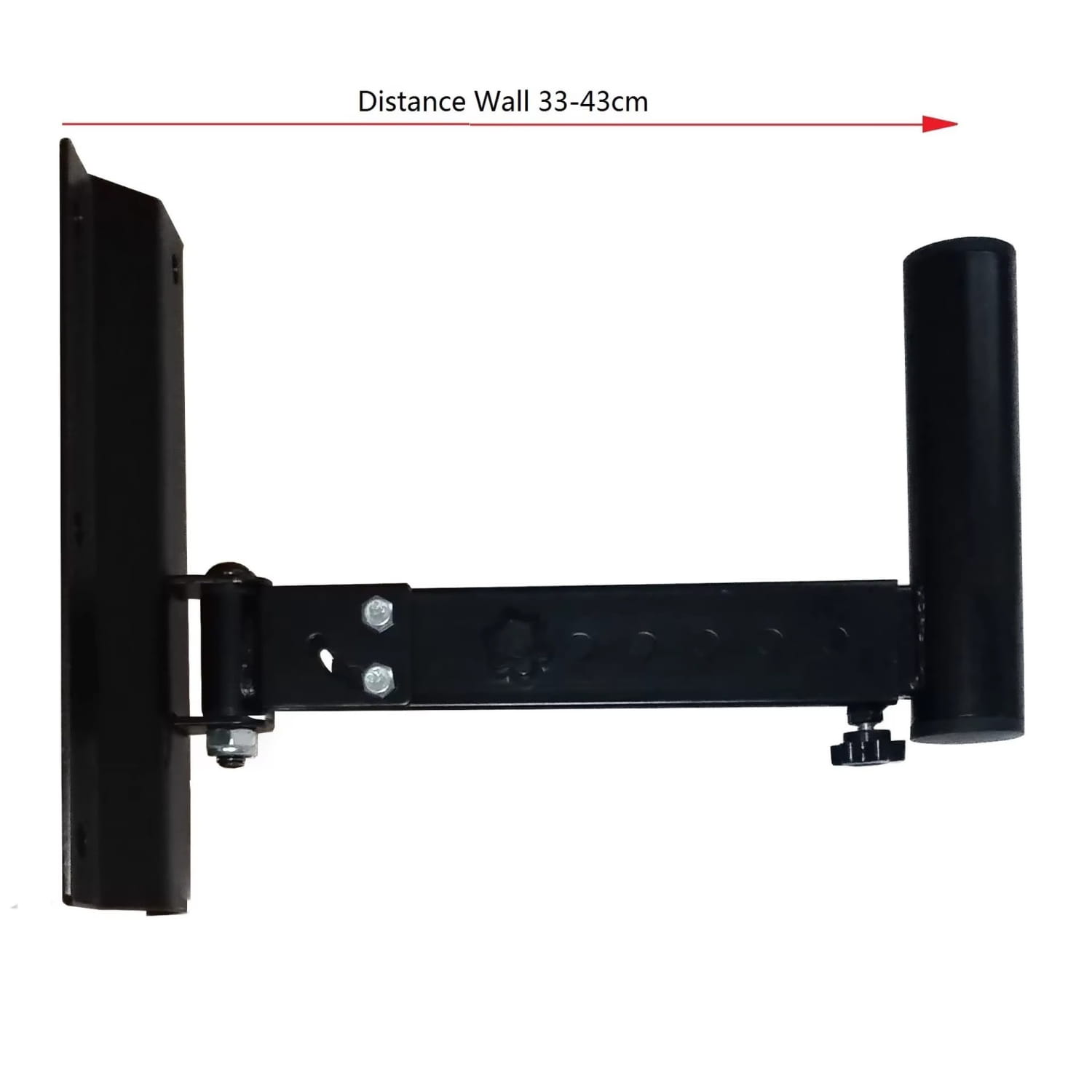 Black metal speaker wall mount bracket with adjustable arm and mounting plate shown from the back side.