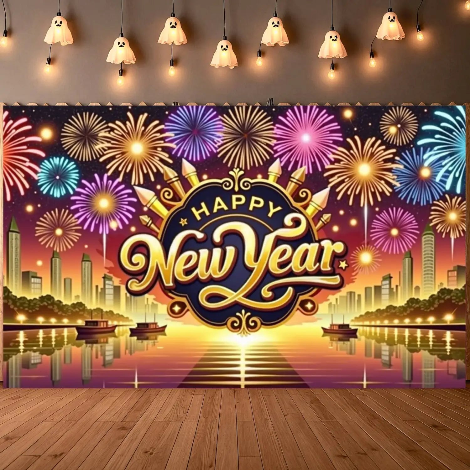 La decoración de telón de fondo para fiesta de Año Nuevo de 2026 presenta un horizonte urbano con fuegos artificiales morados, azules y dorados, y letras doradas ornamentadas sobre un fondo azul marino oscuro.