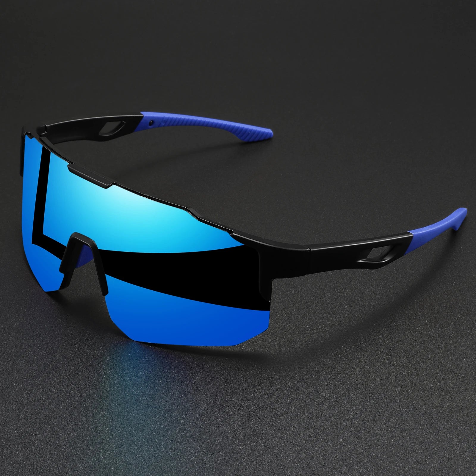 Blue mirrored sports sunglasses with black frames and blue accents on the temples featuring an oversized frame and wraparound design for unisex comfort fit and UV400 protection.