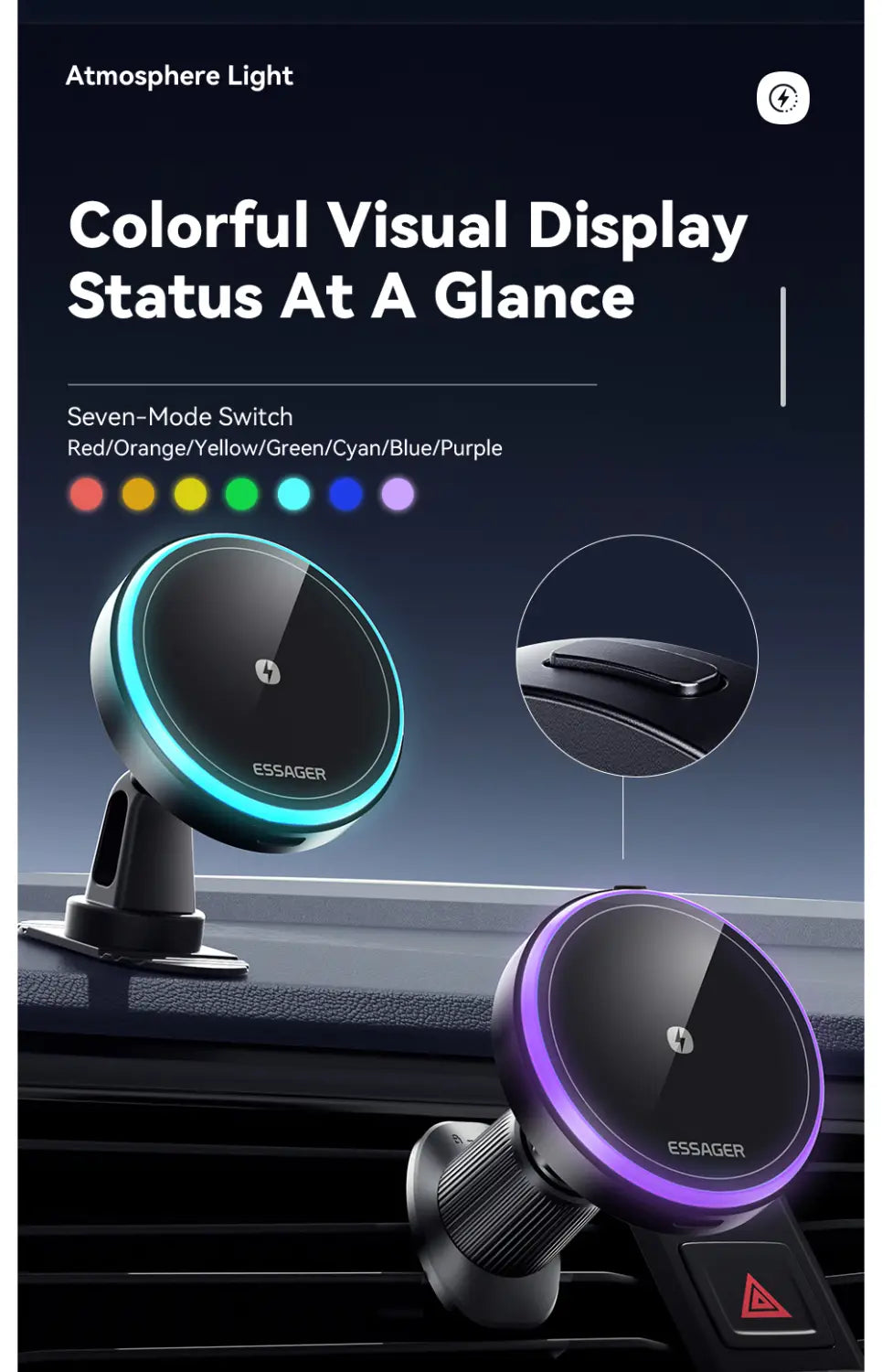 Essager 15w magnetic wireless car charger mount with a circular magnetic phone holder featuring a sleek black surface and a glowing led ring in blue and purple hues.