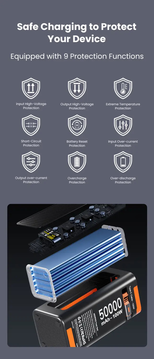 Power bank portable Asometech 50000 mAh, 100 W, à charge rapide, noir et orange, avec des dissipateurs thermiques bleus pour un refroidissement efficace