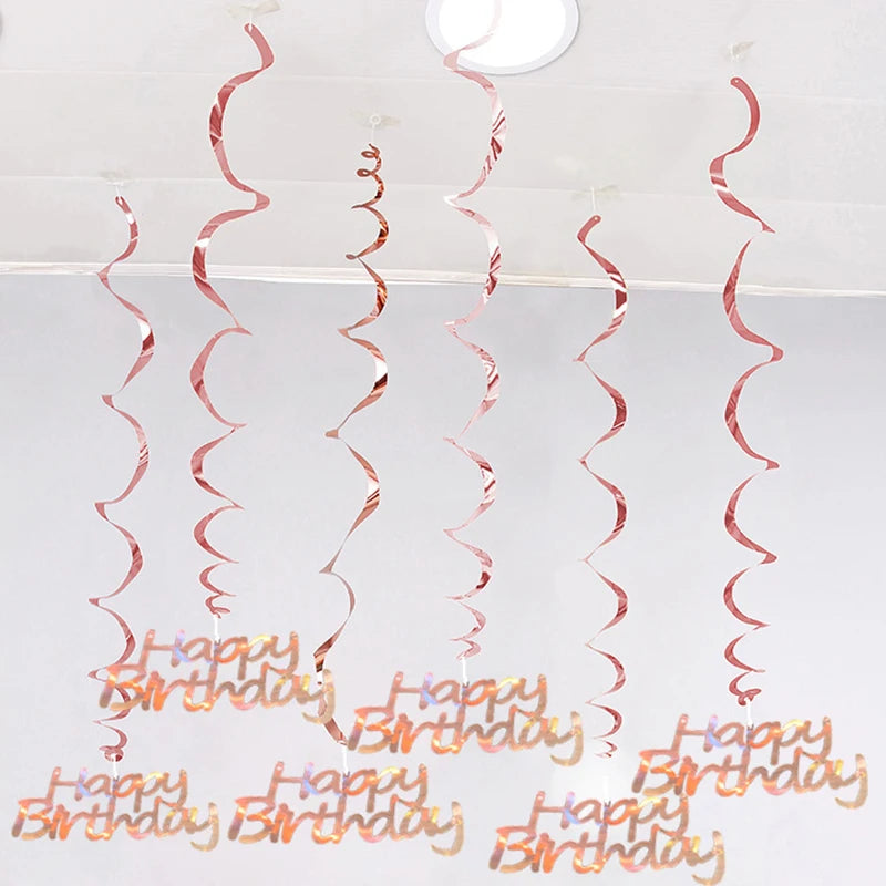 6Pcs/lot Happy Birthday Swirls Decoration 16 20 21 30 40 50 60 70 Years Rose Gold PVC Birthday Party Decorations Supplies