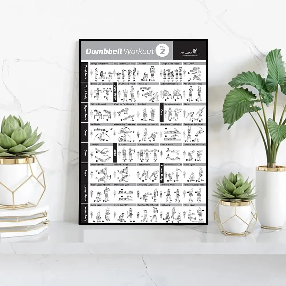 Black-framed Pilates exercise chart canvas wall art fitness poster by newmuscletech featuring detailed black-and-white dumbbell workout illustrations organized by body region.