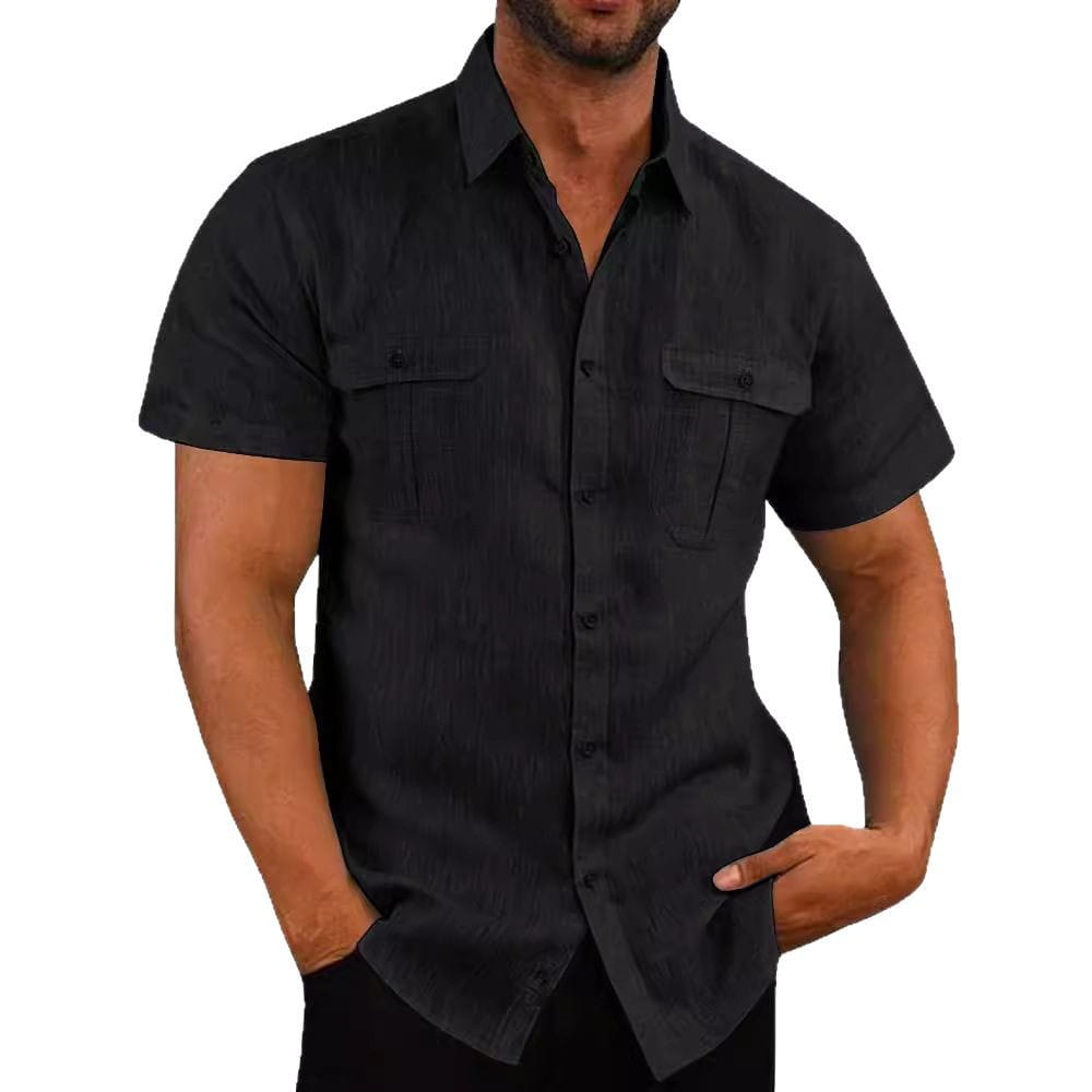 black short-sleeved linen shirt for men with two chest pockets designed for casual summer wear