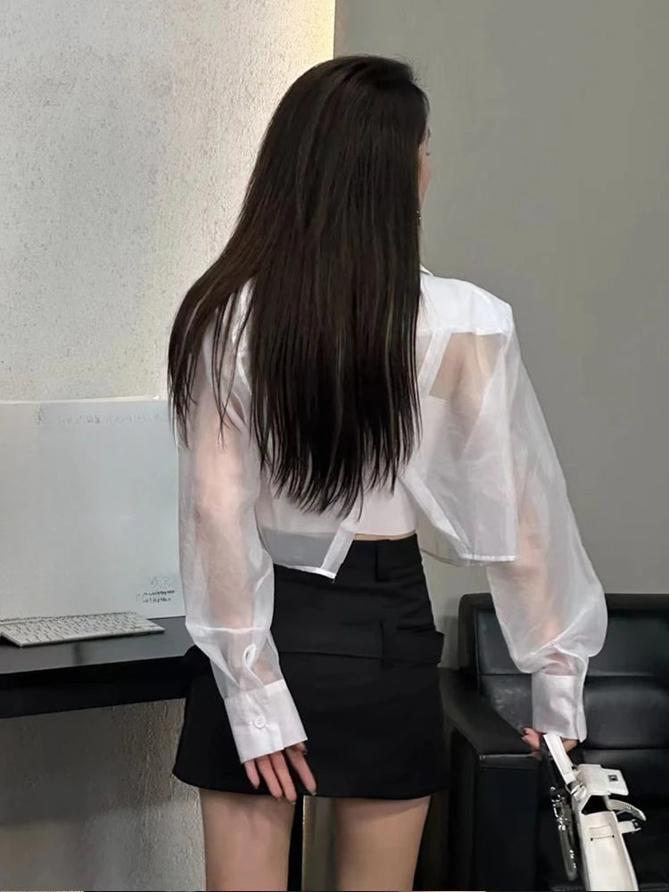 See Through Blazers Women Crops Korean Style Sun-proof Office Ladies Temperament High Street Fashion Summer Breathable Notched
