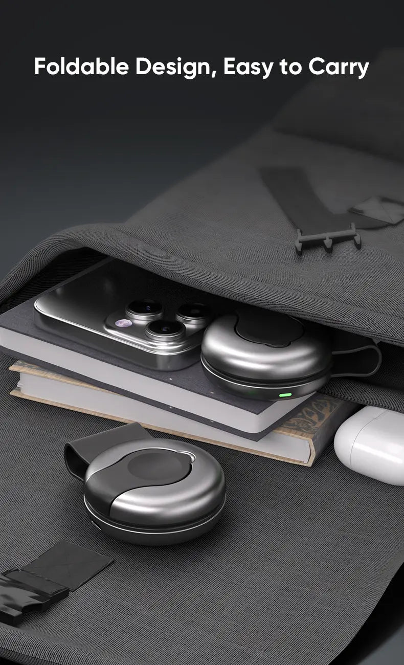 Silver foldable wireless earbud case with a sleek metallic finish and minimalist circular design featured in the foldable 3-in-1 magnetic wireless charger product.