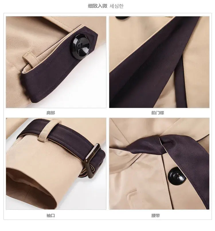 Beige women long trench coat double breasted windbreaker with dark brown trim and black buttons.