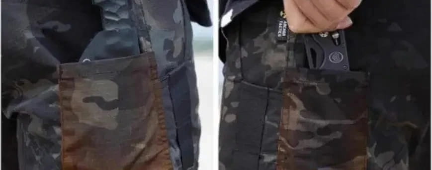 Poche à motif camouflage noir et marron avec fermeture à glissière et petit logo circulaire sur la patte des pantalons cargo tactiques imperméables pour hommes