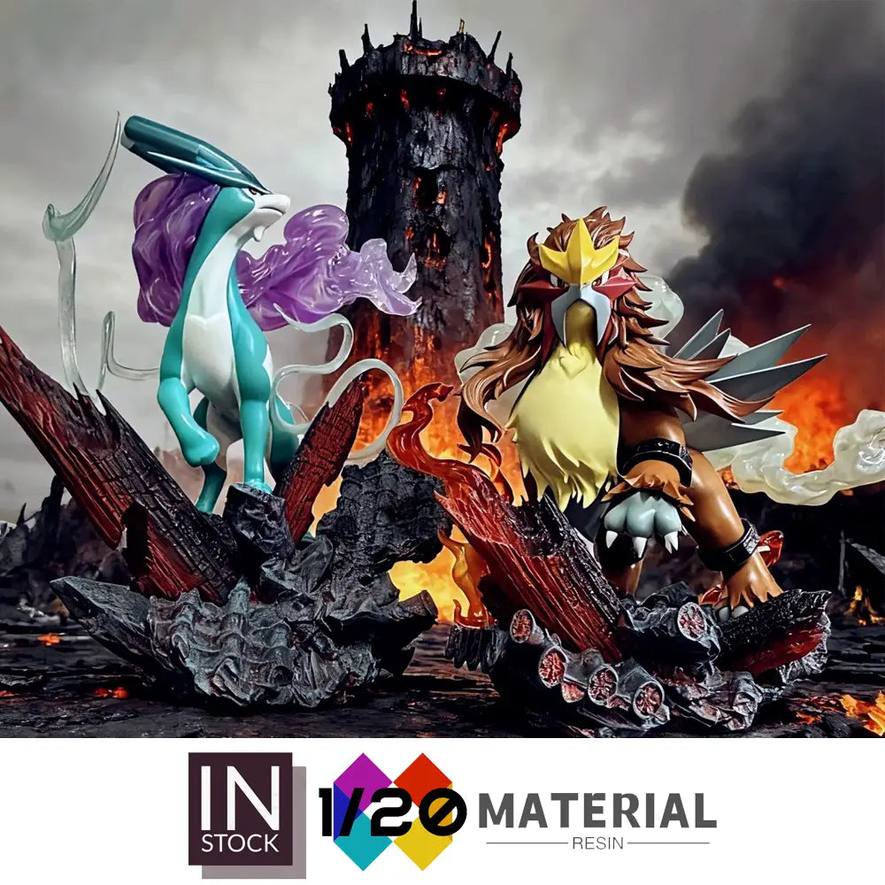 Conjunto de estatuas de resina a escala 1/20 que presenta a Mega Latios y Mega Typhlosion en poses de batalla dinámicas con colores originales brillantes, sobre una base de torre quemada y ardiente en Ciudad Paleta.