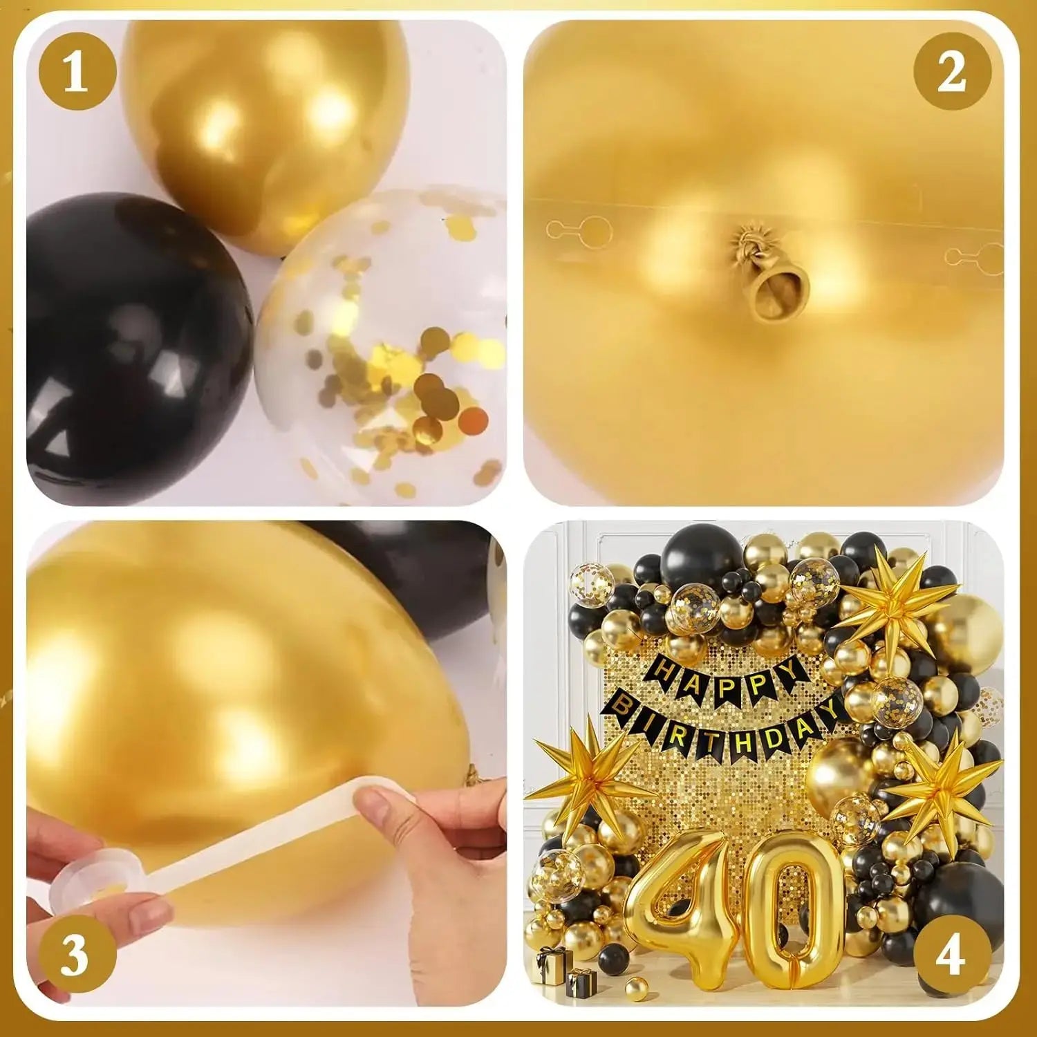 Kit de arco de globos de cumpleaños en negro y oro con globos metálicos dorados y globos negros y transparentes rellenos de confeti, con un acabado brillante en lámina.