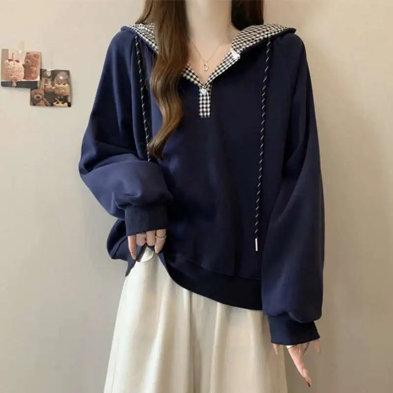 Hoodies Sweatshirt For Women Plaid 90s Vintage Korean Popular Clothes Coat Cotton Kpop Basic Spring And Autumn Woman Hooded Tops