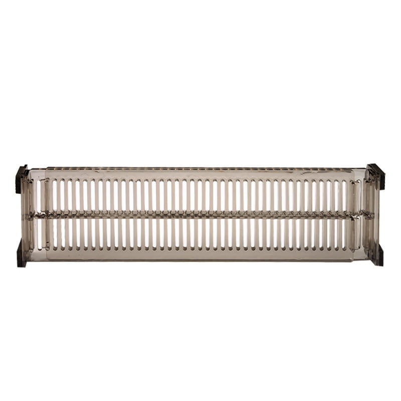 Radiateur en métal argenté avec barreaux verticaux et embouts d’extrémité noirs, présenté aux côtés d’une séparation de tiroir, lot de 1 paire, organisateur en plastique réglable, pour une gestion efficace du rangement.