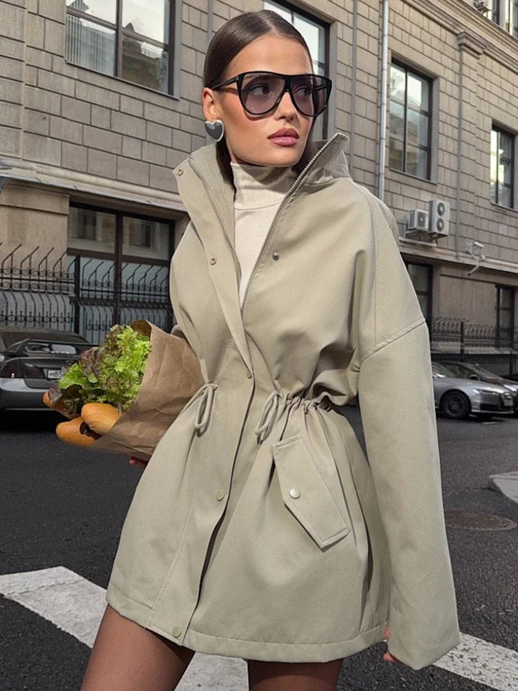 Stand Collar Drawstring Waist Trench Jacket Female Autumn 2025 Commute Long Sleeves Casual Women's Mid-Length Trench Coat