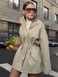 Stand Collar Drawstring Waist Trench Jacket Female Autumn 2025 Commute Long Sleeves Casual Women's Mid-Length Trench Coat