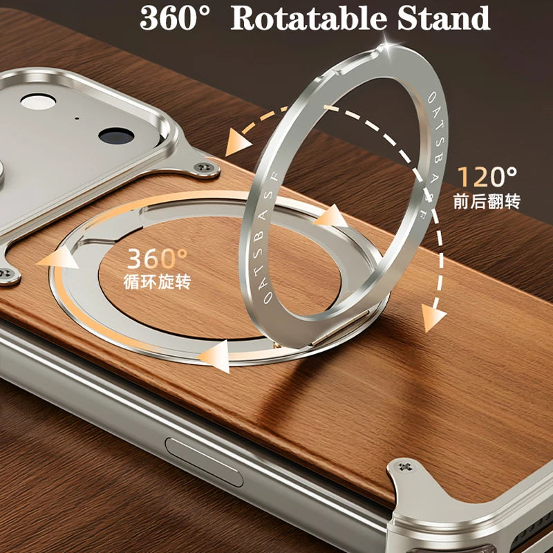 Eary Magnetic Wooden Case for iPhone 18 17 Pro Max Air for MagSafe Wireless Chargers 360°Rotate Stand Aluminum Solid Wood Shells