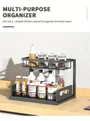 Organisateur d’évier en forme de L noir en métal avec plusieurs étagères et compartiments pour ranger bocaux, bouteilles et épices dans les placards de cuisine et de salle de bains.
