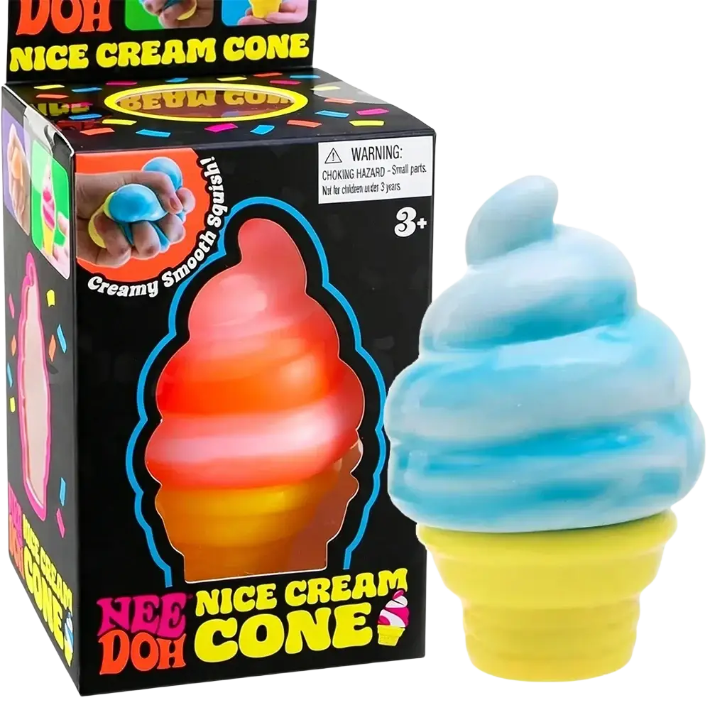 Ein blau- und gelb geschichteter Eistüten-Eiscreme-Kegel als Nee-Doh-Quietschtier-Fühlspielzeug, von vorne betrachtet.