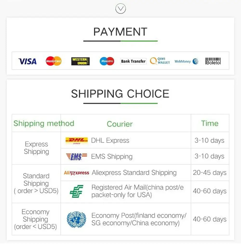 Seite mit Zahlungs- und Versandoptionen, die akzeptierte Zahlungsmethoden anzeigt, einschließlich Visa, Mastercard, Western Union und Kurierdiensten wie DHL Express und EMS, für die magnetische Powerbank 5000 mAh 3-in-1 Mini-Magnet-Power-Portabel-Ladeeinheit.