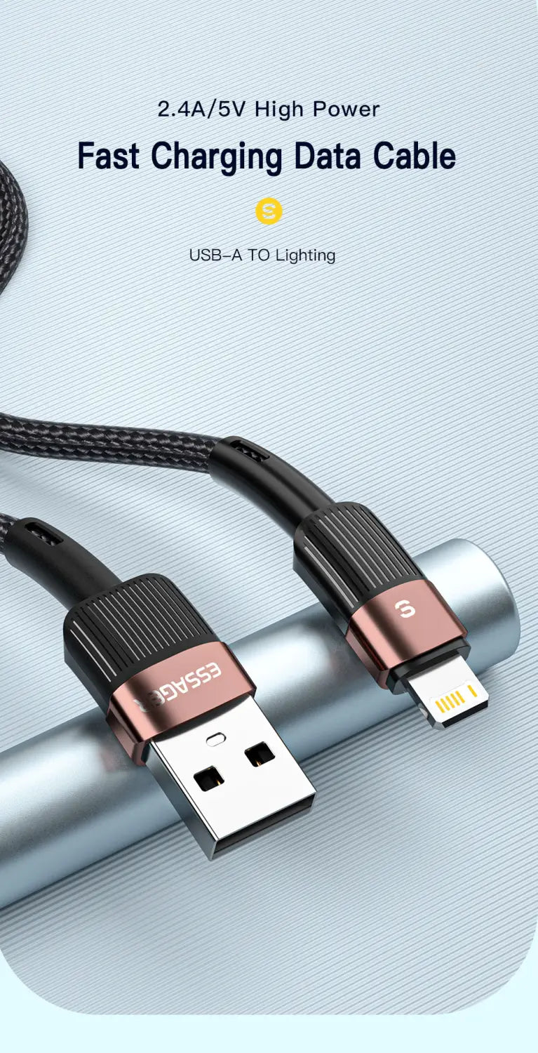Essager iPhone-Schnellladekabel für schnelles Laden 2,4 A, schwarz geflochtenes USB-A-auf-Lightning-Kabel mit roségoldenen Anschlüssen und strukturierter Griffzone für zuverlässige Datenübertragung und schnelles Laden.