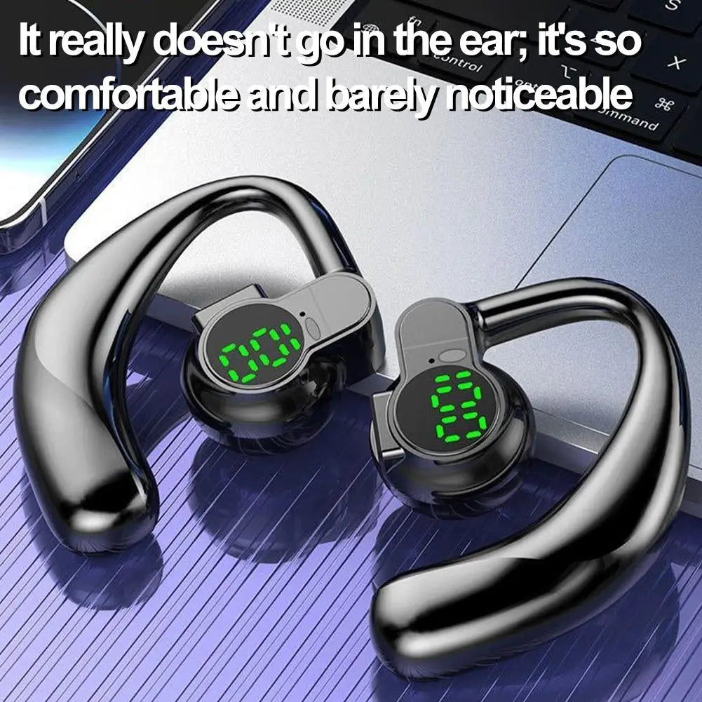 Black open ear Bluetooth 5.4 sport earhook headphones with a sleek curved design and green digital displays on the front.