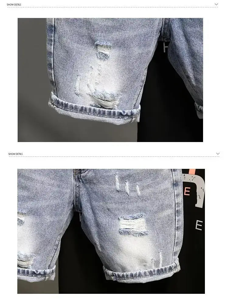 Herren rissige Slim-Fit-Denim-Shorts in Hellwaschung mit ausgefransten, rissigen Stellen und umgeschlagenen Säumen, gefertigt aus robustem Denim-Material.