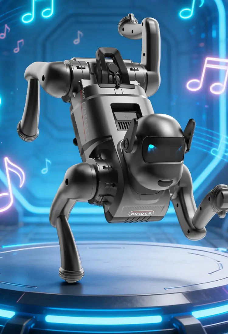 A sleek silver ai smart robot dog with glowing blue eyes and articulated limbs stands poised on a futuristic platform as an interactive electronic pet.