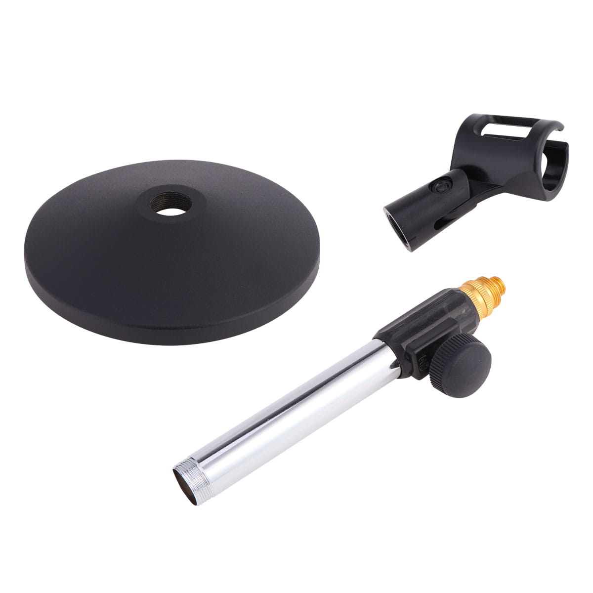 Support de micro de bureau réglable en noir et argent, avec connecteur fileté de couleur dorée pour montage sur table.