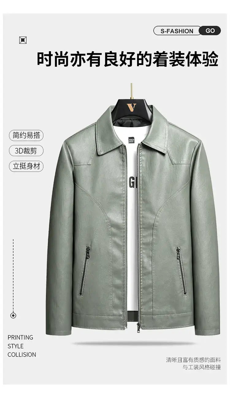 A sleek olive-green men’s light green faux leather moto jacket with a classic collar and front zipper closure.