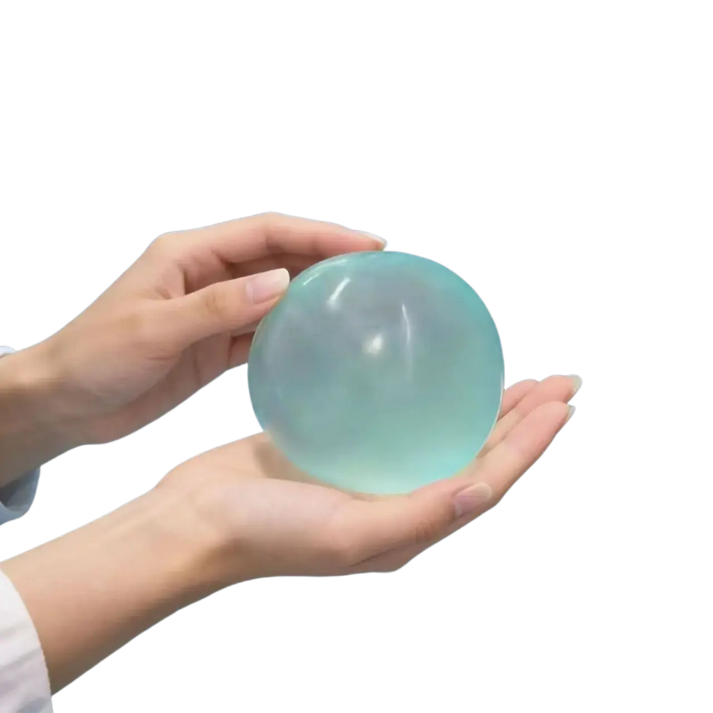 A translucent light blue water-filled spherical blue coconut oil stress ball squeeze toy held in two hands