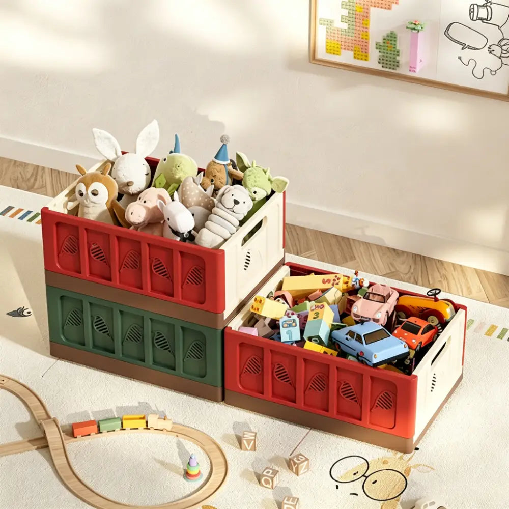 Foldable storage basket plastic stackable organizer featuring stacked red and green collapsible plastic storage boxes with handles for actual goods.