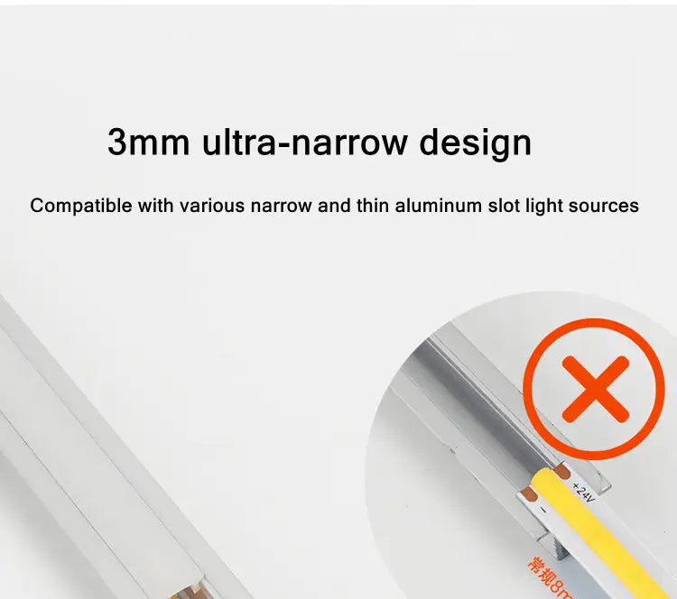 Adaptador de fuente de luz para ranura de aluminio ultra estrecha de 3 mm, con acabado metálico refinado y una conexión eléctrica precisa de 24 V para la tira LED COB, para decoración del hogar de bricolaje.