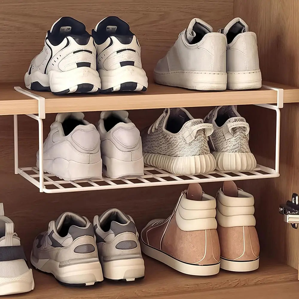 white metal shoe rack with grid design for under shelf shoe storage basket metal organizer.