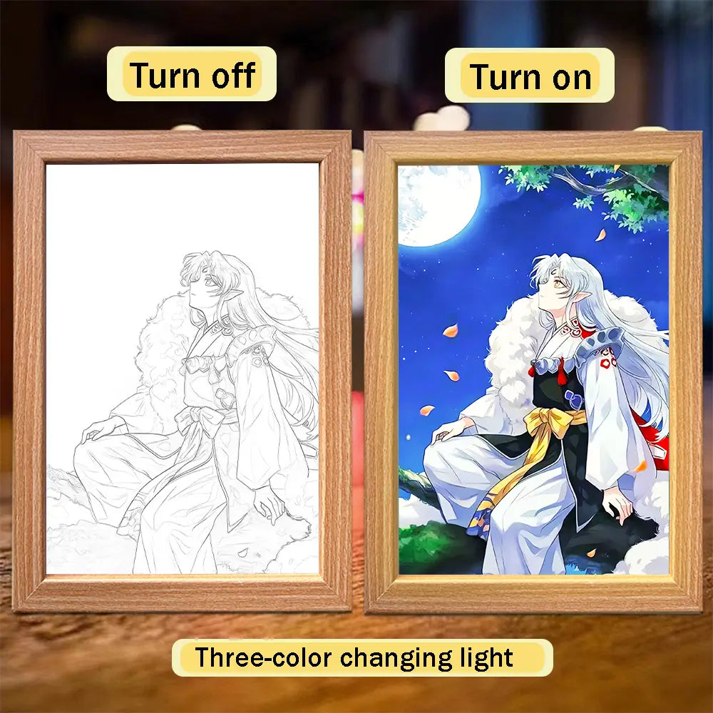 Decoración para pintura luminosa con marco de madera de un personaje de anime Inuyasha con luz nocturna LED de cambio en tres colores para decoración de pintura.