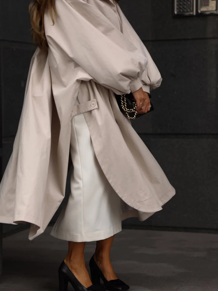 Solid Commute Women's Trench Coat Ovesized Puff Sleeve Single Breasted Long Jacket Lapel Side Slit 2026 New Autumn Lady Outwear