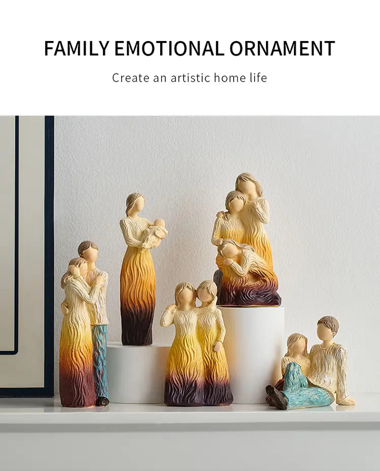 Set of family-themed resin figurines with gradient color transitions from warm yellow to deep purple depicting intimate emotional moments in abstract art home decor.