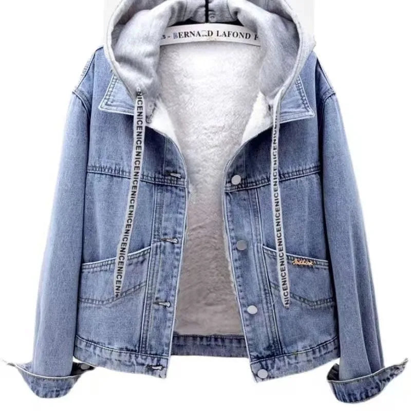 Jacket Coat Padded Jacket Women's Winter Denim Stylish Fleece-lined Thickened Hooded Warm Long Sleeves Cropped New Casual Niche