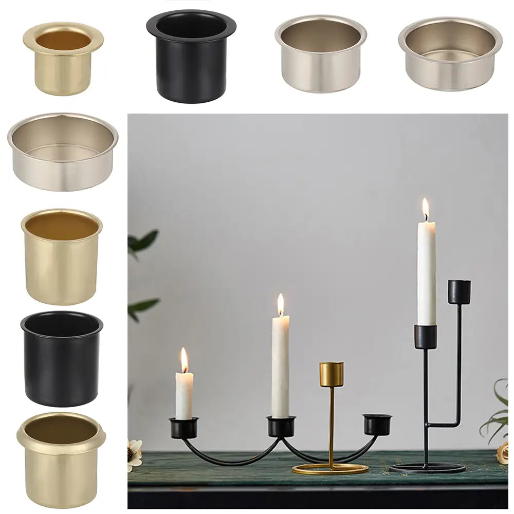 Coupes à bougies en métal modernes et minimalistes aux finitions noires, dorées et en acier brossé, conçues pour des créations DIY et des supports.