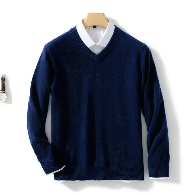 Navy blue men cashmere v neck pullover sweater with white collar trim and v-neck design.