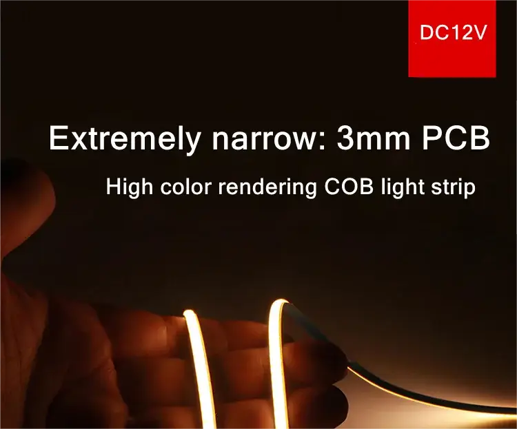 Una tira LED blanca y esbelta que emite un brillo con una PCB de 3 mm y tecnología COB de alta reproducción cromática, con cabezal DC de 2 pines incluido, ideal para aplicaciones de decoración doméstica DIY con regulación de intensidad.