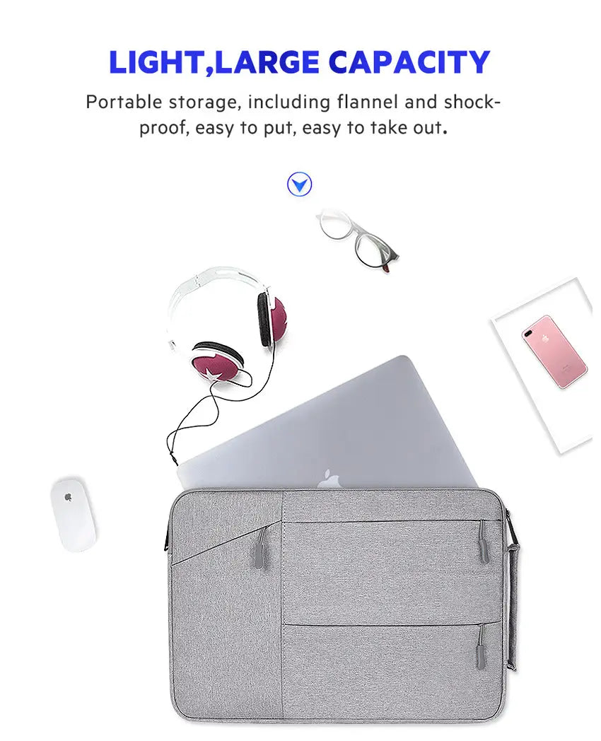 Gray textured laptop sleeve bag with multiple compartments and carrying handle designed for Macbook Air and Pro models.