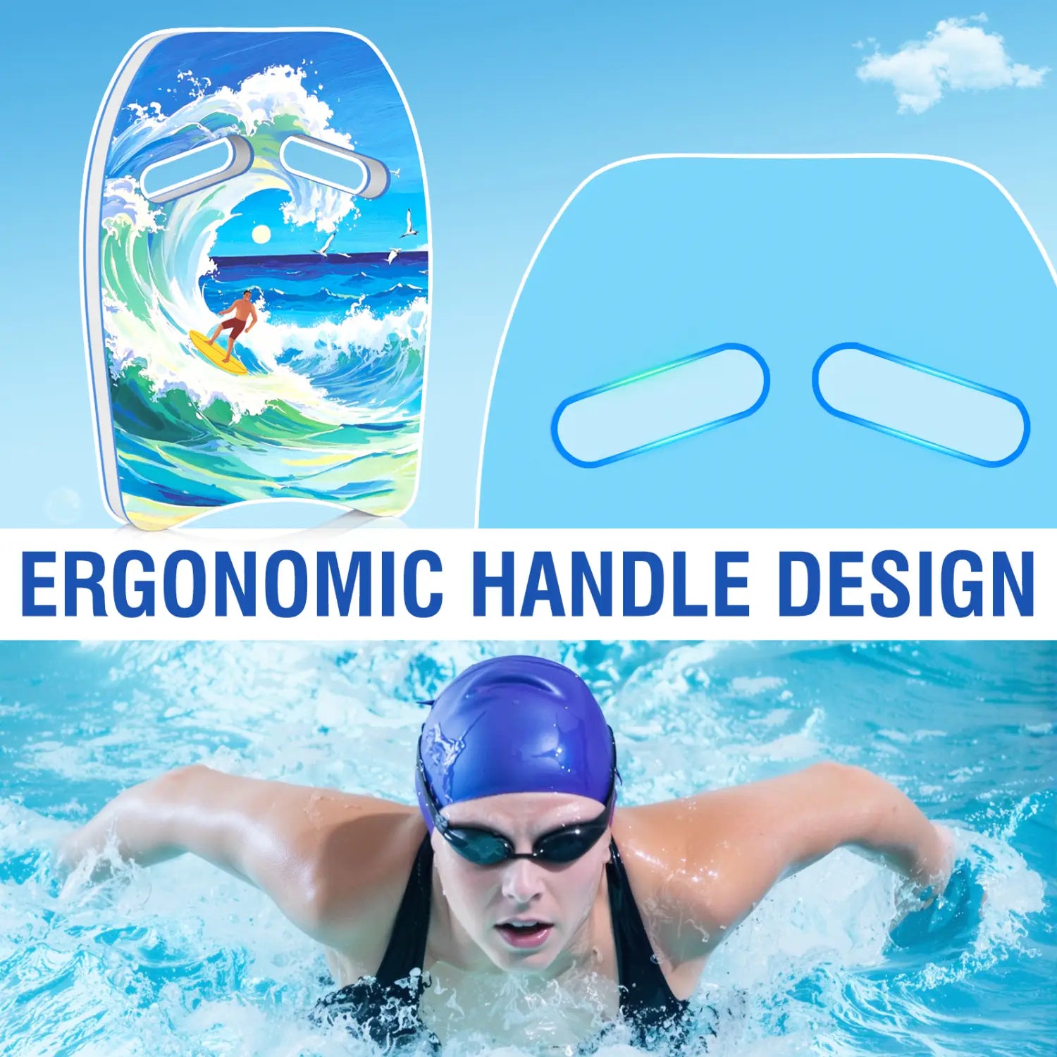 Blaues Erwachsenen-Schwimm-Kickboard aus EVA-Schaum, geformt wie ein Surfbrett, mit einem lebhaften Ozeanwellen-Graphic und ergonomischem Griffdesign